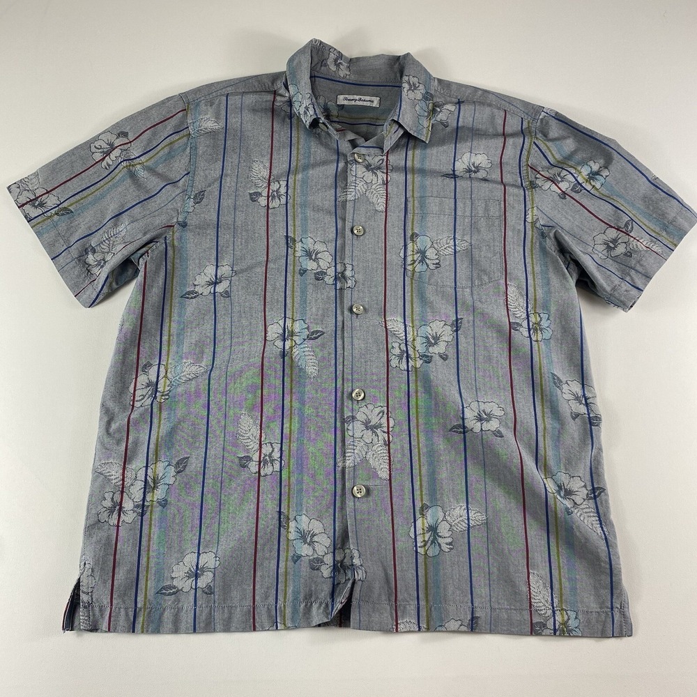Tommy Bahama Button Down Shirt Adult Large Silk Cotton Gray Striped Floral Mens